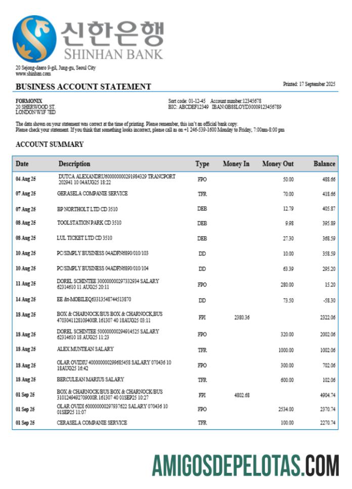 Em branco Coreia do Sul Shinhan Business Checking modelo de extrato de conta Word e PDF